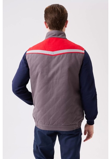 Kışlık İş Yeleği Grikırmızı Gabardin Çok Cepli Royal Sıcak Tutucu Rüzgar Geçirmez Reflektörlü Gri-kırmızı