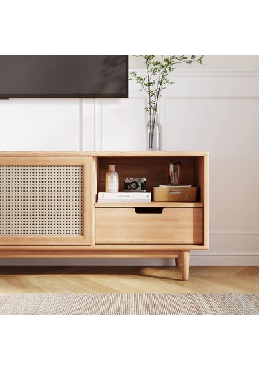 Ahşap Rattan Kapak Detaylı Modern Tv Ünitesi Natürel