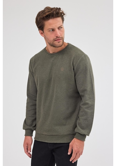 Erkek Haki Standart Fit Normal Kesim Pamuklu Basic Bisiklet Yaka Sweatshirt Haki
