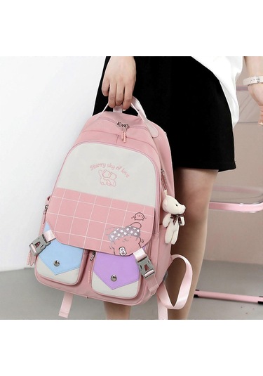 Ganzhoushop Okul Sırt Çantası Naylon Okul Çantası Çok Cepli Günlük Sırt Çantası Öğrenci Kızlar Erkekler İçinyeşil Çok Renkli