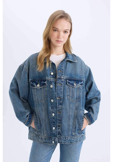 DeFacto Oversize Geniş Kalıp Jean Ceket D8664AX25SPNM28 Mavi