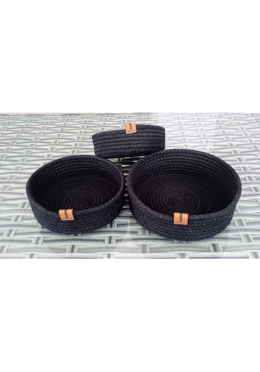 Ev Banyo Hasır Sepet 3 Adet Yuvarlak Siyah Jüt Kordon Pamuk Polyester İp Örme Sepet Dekoratif Düzenleyici Organizer