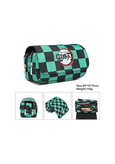 Mufunye Lise Öğrencileri İçin Animasyon Desenli Çift Katlı Kalem Çantası -鬼灭之刃 Stili 1 Yeşil