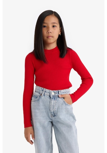Defacto Kız Çocuk Fitted Bisiklet Yaka Ribana Kazak E9849a825aurd117 Kırmızı