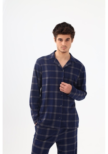 Erkek Pamuklu Mavi Ekose Desenli Uzun Kollu Cep Detaylı Gömlek Yaka Pijama Takımı Ko60113 Mavi