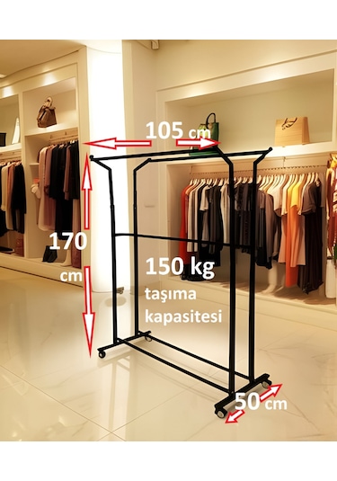 Premium 170 Cm Çelik Konfeksiyon 105 Cm En Elbise Askılık Tekerlekli Demonte Portmanto Hanger Siyah