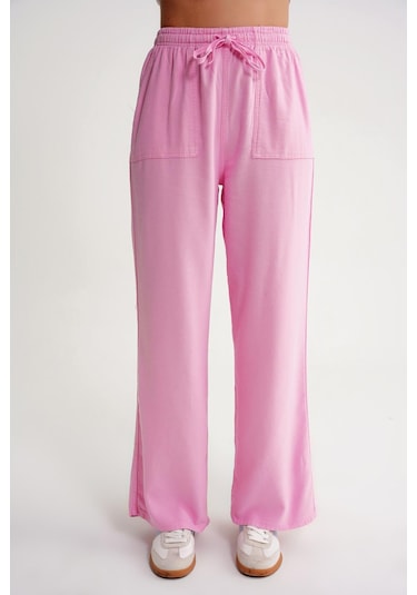 4629 Kadın Bol Paça Yüksek Bel Viskon Palazzo Pantolon Pembe Pembe