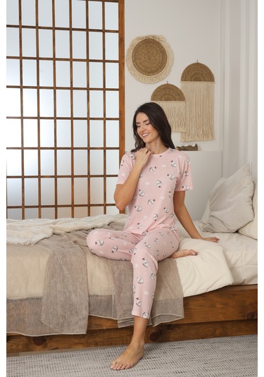 Kadın Yazlık Kısa Kol Penye Süprem Kumaş Pijama Takımı Pudra