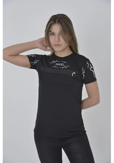 Amorluxe Unisex Göğüs Fermuarlı Baskılı T-shirt - Siyah