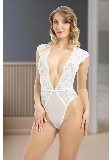 Xmldepot Beyaz Yarım Kol Dantel Bodysuit - 894 Beyaz