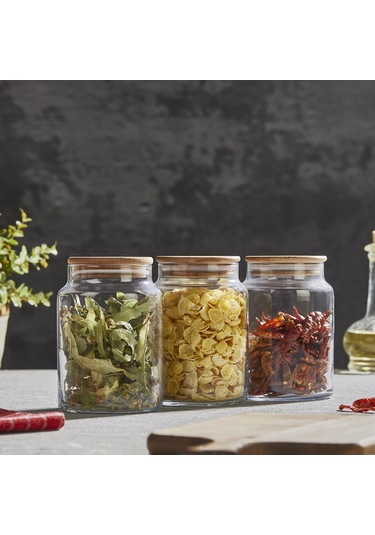 Selka Home 3'lü 890 Ml Sade Ahşap Kapaklı Cam Kavanoz