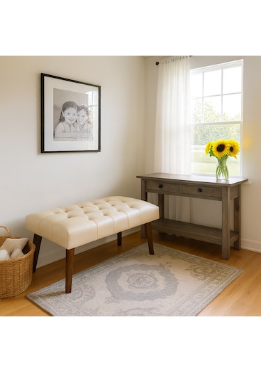 Bench - Deri Kumaş - 45x90 - Ahşap Ayaklı Modern Bank - Krem