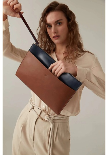 Beverly Kadın Lacivert Taba Deri Cepli Fermuarlı Rfid Korumalı Portföy Çanta Taba