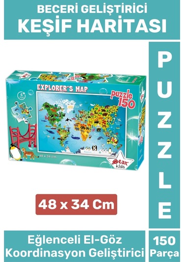 Premium Seri Eğlenceli El Göz Koordinasyon Beceri Geliştirici Çocuk 150 Parça Puzzle Keşif Haritası