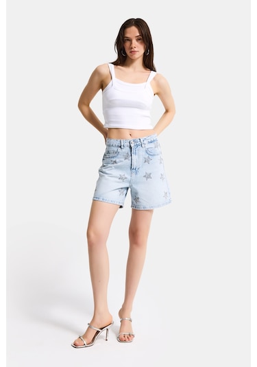 Itsbasic Kadın Kot Rengi T-4s6-3 Mom Fit Midi Boy Parlak Yıldız Taşlı Özel Tasarım Denim Şort Kot Renk