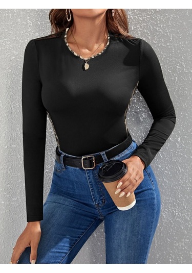 Kadın Uzun Kollu Leopar Şeritli Viskon Bluz Siyah