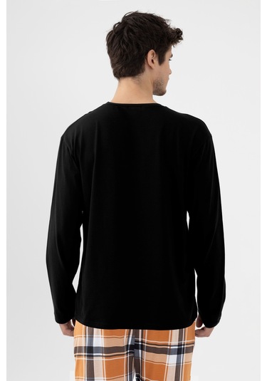 Erkek Pamuklu Uzun Kollu Ayıcık Baskılı Alt Ekose Cep Detaylı Pijama Takımı Ke30113 Siyah - Kahverengi