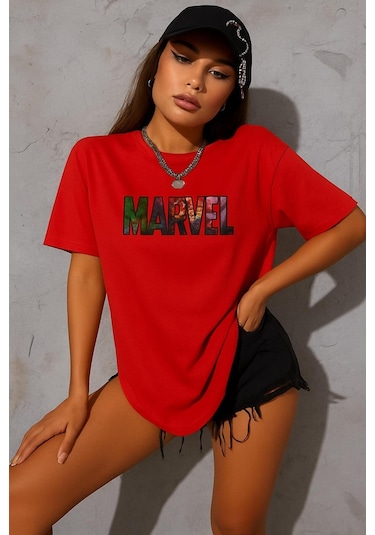 Marvel Baskılı Oversize T-shirt Kirmizi