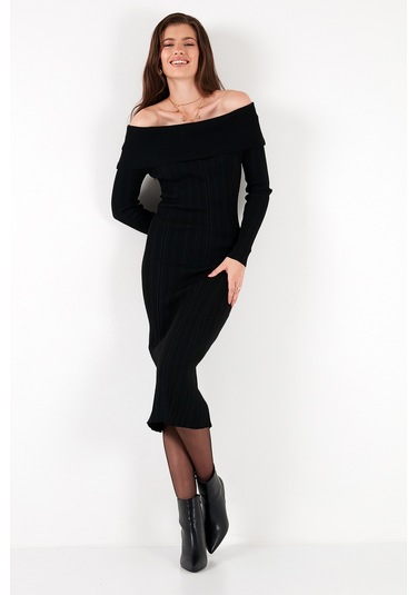 Lela Premium Fitilli Carmen Yaka Slim Fit Midi Boy Triko Bayan Elbise 680El00033 Siyah