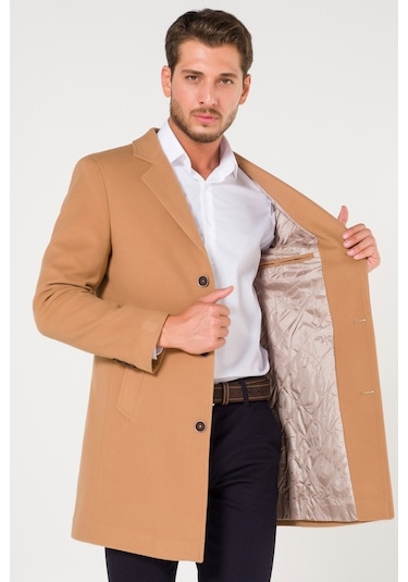 Slim Fit V Yaka Kışlık Pudra Kaşe Kaban-Pudra