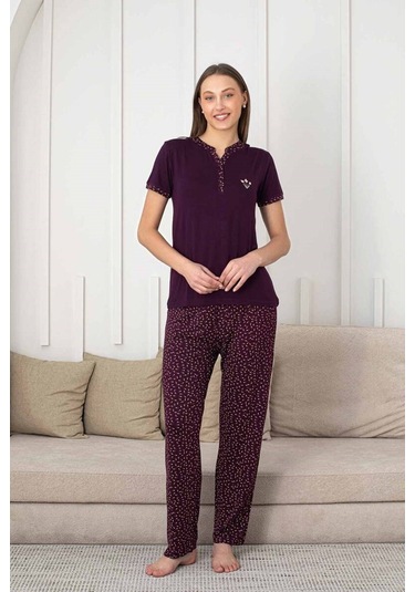 Kadın Mürdüm Desenli V Yaka 3 Düğmeli Likralı Viskon Kısa Kol Pijama Takımı Mürdüm