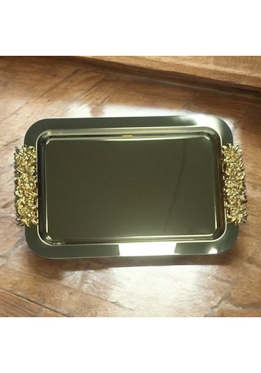 Diperla Kahve Çay Sunum Dikdörtgen Büyük Sunum Tepsisi Gold 30cm