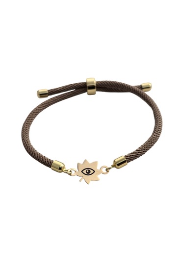 Dünya Gözü Temalı Dikdörtgenli Örgülü 14 Ayar Altın Plakalı Hediye Bileklik-331sembol-kahverengi Altın