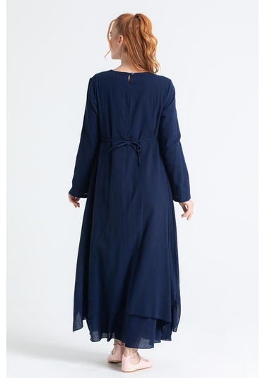 Uzun Kol Şile Bezi Nakışlı Antik Uzun Elbise Lacivert Lcvt-lacivert