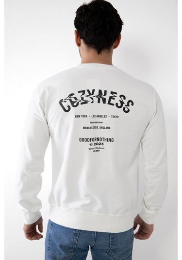 Cozyness Kapüşonsuz Baskılı Erkek Sweatshirt Beyaz