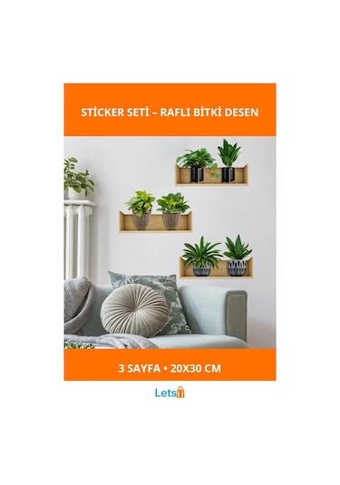 Raflı Bitki Tasarımlı Yapışkanlı Sticker 20x30 Cm 3 Adet Çok Renkli
