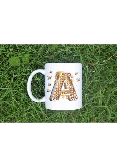 A Harfi Bal Arısı Tasarım Kupa Bardak - Bal Ve Petek Desenli Kişiye Özel Kahve Kupası - Hediyelik Beyaz