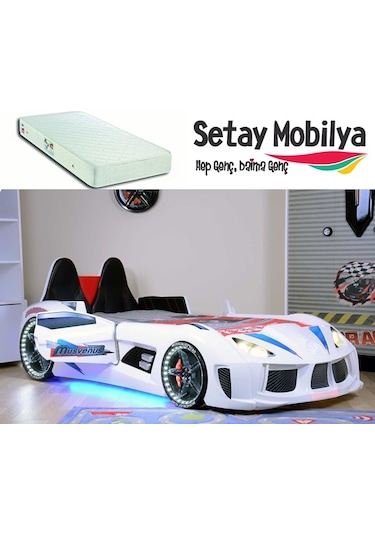 Setaymobilya Audi V7 Arabalı Yatak+Ortopedik Yatak+Kapıları Açılan + Full Led
