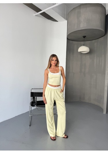 Kadın Çift Kat Detaylı Modal Dokulu Alt Üst Takım Sarı