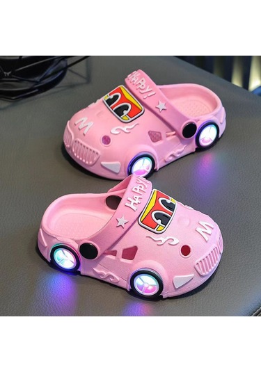 Uıowoo Çocuk Işıklı Araba Ve Dinozor Terlikleri - Kaymaz Eva Tabanlı Ve Delikli Tasarım - Plaj Ve Ev İçin Pembe
