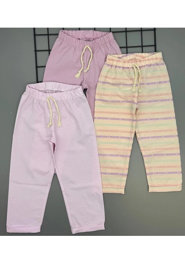 Kız Çocuk Desenli 3 Lü Paket Gündelik Rahat Pantolon Seti 2-7 Yaş Pembe-pudra-a.pembe