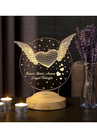 3D Led Lamba 3Boyutlu Melek Annem Kanatlı Kalp Kişiye Özel Hediye