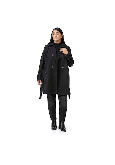Büyük Beden Kruvaze Kolu Bant Detaylı Cepli Kuşaklı Astarlı Siyah Trençkot Siyah