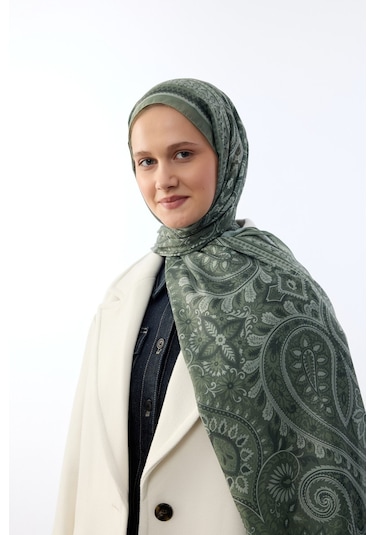 Mirsoy Scarf Mirayze Etnik Desen Şal Zeytin Yeşil