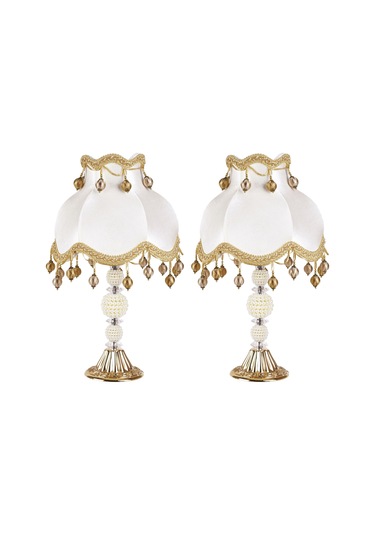 Çiçek Dekorlu Abajur Gold Beyaz Klasik Ponponlu Model Beyaz