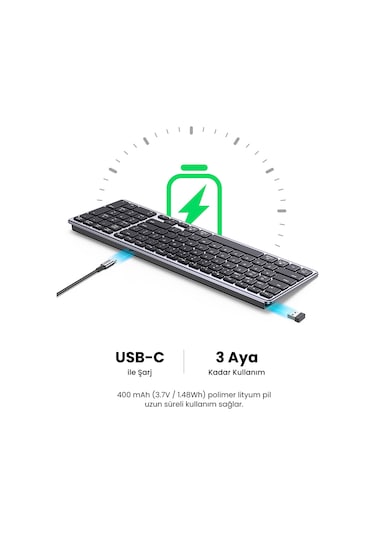 Ugreen Kablosuz Ultra İnce Sessiz Bluetooth Türkçe Q Klavye, Siyah, 15258tr