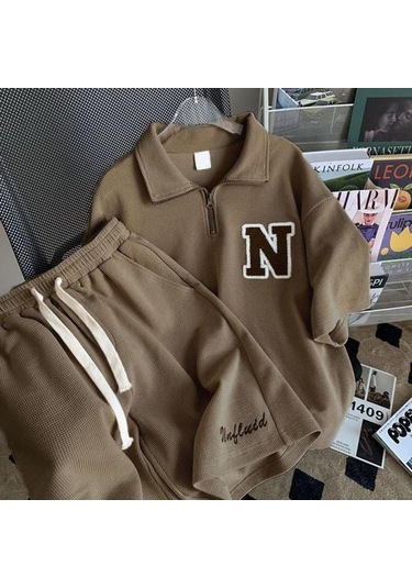 2 Adet/takım Moda Fermuar Yaka Nem Emici Diz Boyu Kadın Düz Renkli Tişört Geniş Bacak Şort Takımı Streetwear Rahat Kıyafet Mavi