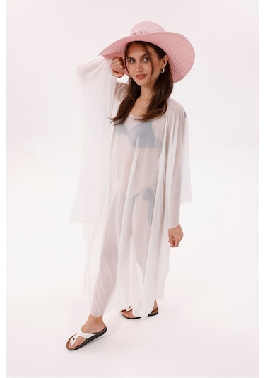 Tarzını Seç Kimono Pareo - Tesettür Pareo - Esnek Likralı Tül Beyaz 240x135 Cm Çok Renkli
