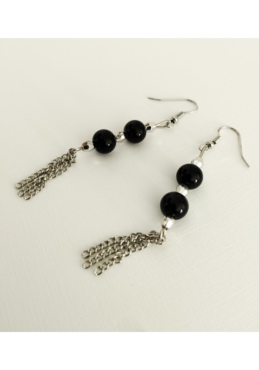 K209 Sallantılı Oniks Doğal Taşlı Küpe Gümüş - Siyah