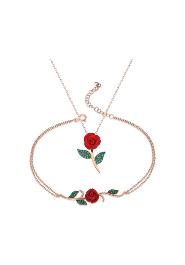 925 Ayar Gümüş Zirkon Taşlı Gül Tasarım Kolye Bileklik Seti Gümüş