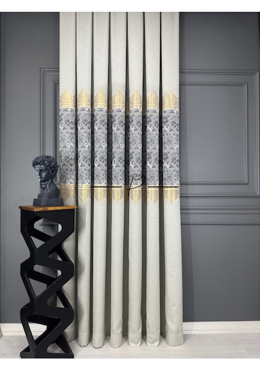 Fon Perde Pano Fonluk Nilo Desen - Açık Taş-gold-gri Çok Renkli