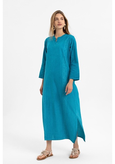 Turkuaz İşlemeli Uzun Kollu Astarsız Pamuklu Uzun Elbise-turkuaz Turkuaz