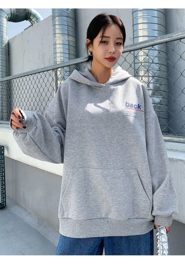 Back Sweatshirt - Gri Baskılı Oversize Kapüşonlu Gri