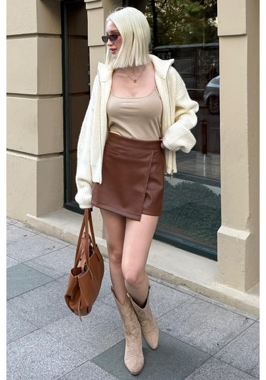 Kahverengi Kadın Deri Şort Etek Mg2521 Kahverengi