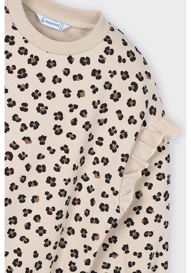 Kız Çocuk Kolları Fırfırlı Leopar Desenli Sweatshirt - Bej Mavi
