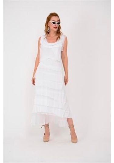 Italyan 2 Beden İnce Gösteren Kat Kat Kolsuz Ipek Elbise-8769 Beyaz